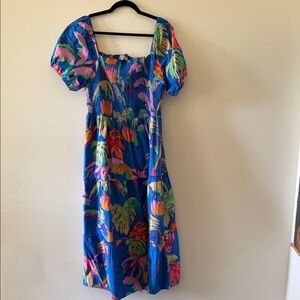 Blue Tropical Print Smocked Maxi Dress SZ PXL